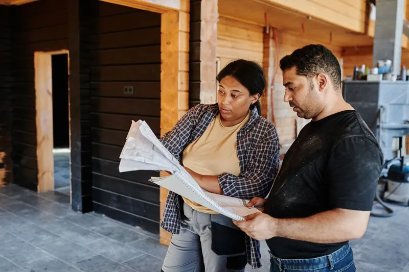 Conversion team reviewing drawings together inside a timber-framed structure during a design and build project