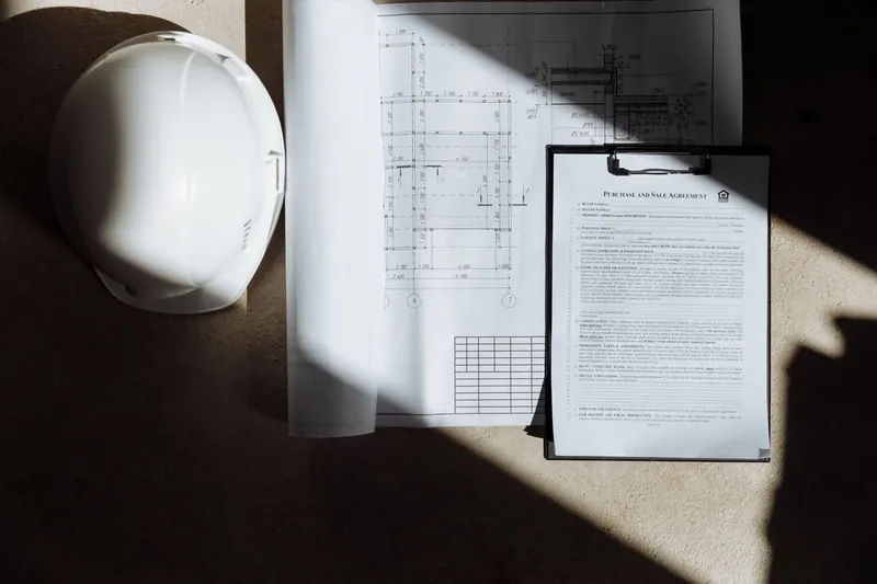 Construction documents and a hard hat laid out while preparing a garage rebuild application