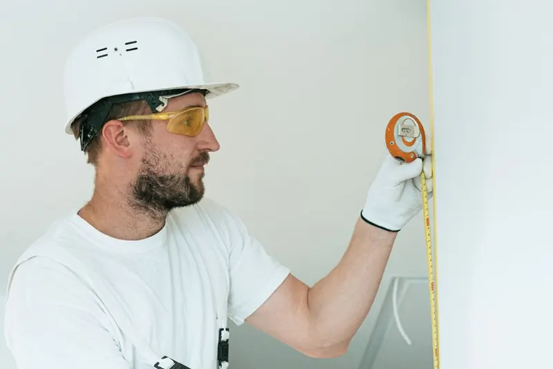Building control surveyor checking a wall during a garage conversion regularisation in Cornwall