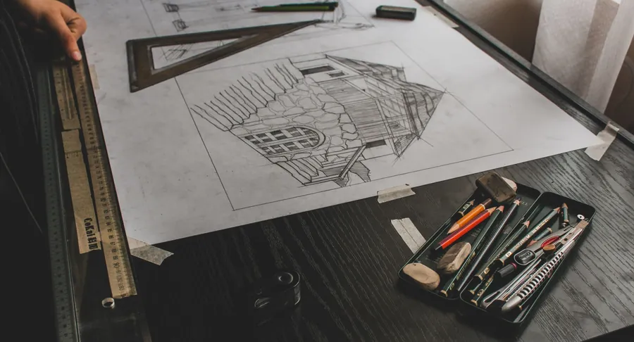 Hand drawn architectural sketch of a house roof, the design stage of a loft conversion in Cornwall