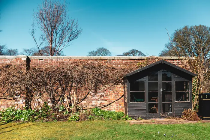 Timber garden store against a brick wall, the usual replacement for storage lost to a garage conversion in Cornwall
