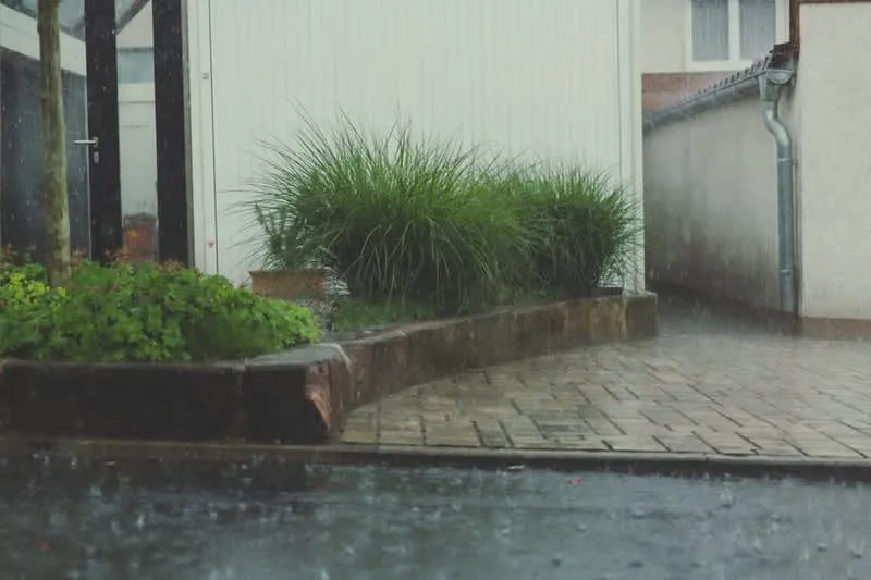 Heavy rain driving against the wall and paving of a house in wet Cornish weather