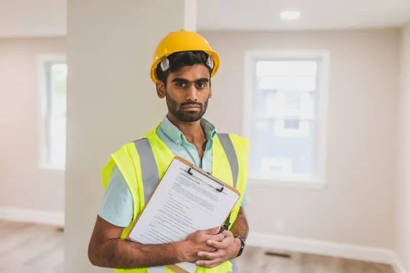 Building control surveyor with a clipboard carrying out a final inspection on a finished loft conversion