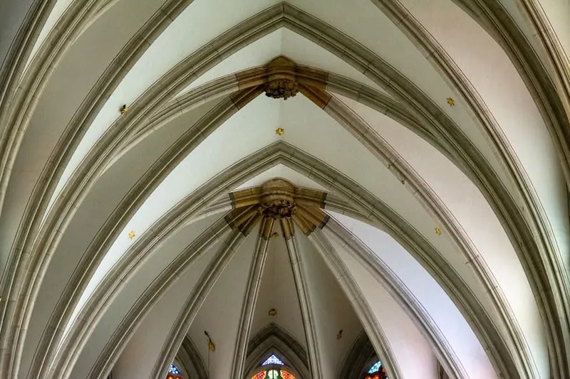 Vaulted stone ceiling arches of a Gothic cathedral
